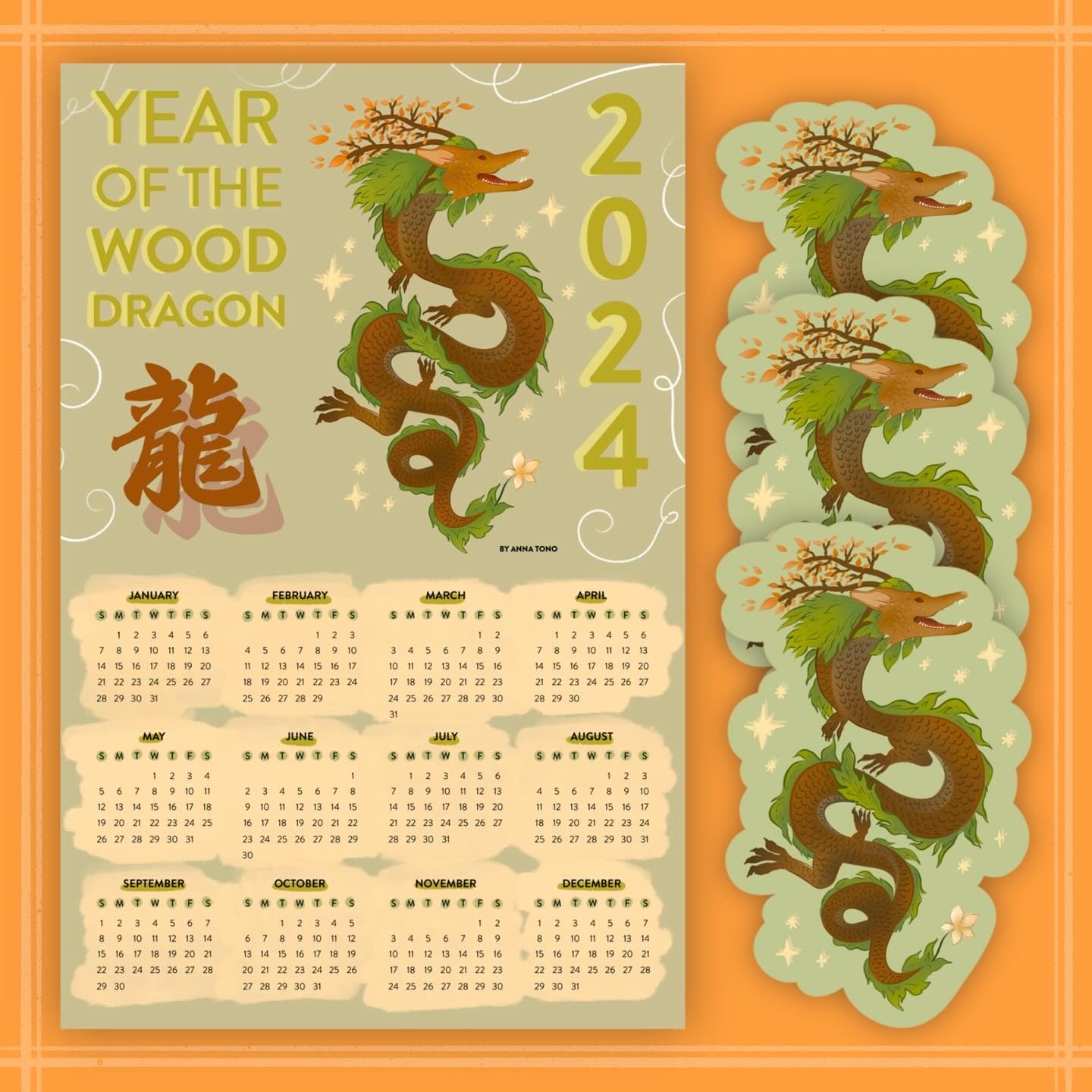 2024 Year of the Dragon Calendar + Sticker Set